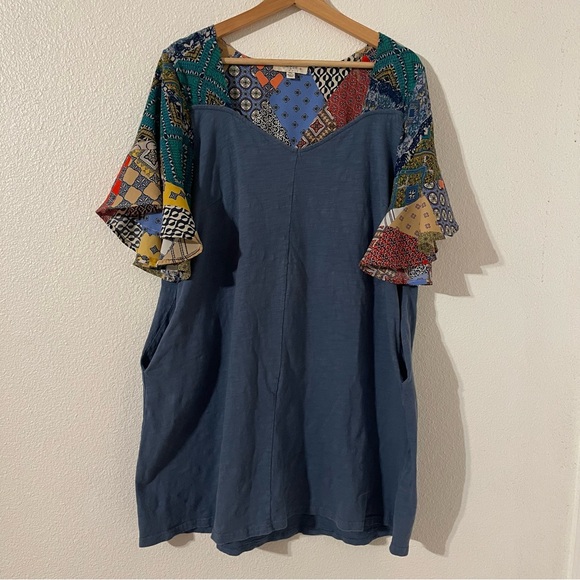 Umgee Dresses & Skirts - Umgee Dress Womens XL Blue Patchwork Flutter Sleeve w/ Pockets Boho Beach Hippie